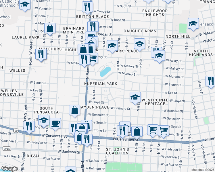 map of restaurants, bars, coffee shops, grocery stores, and more near 1880 West Godfrey Street in Pensacola