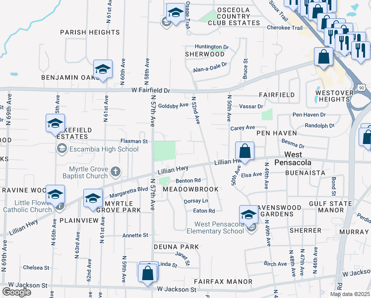 map of restaurants, bars, coffee shops, grocery stores, and more near 5901-5999 Marian Avenue in Pensacola