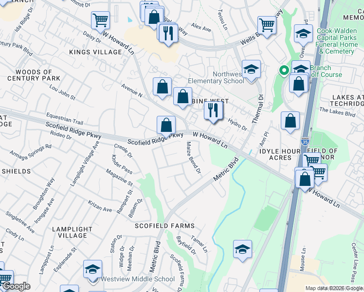 map of restaurants, bars, coffee shops, grocery stores, and more near 1801 Montana Sky Drive in Austin