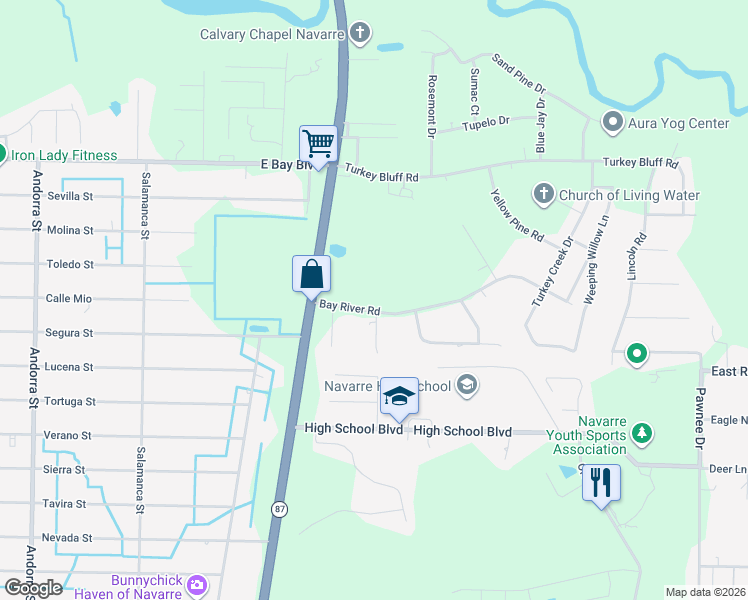 map of restaurants, bars, coffee shops, grocery stores, and more near 8556 Bay River Road in Navarre