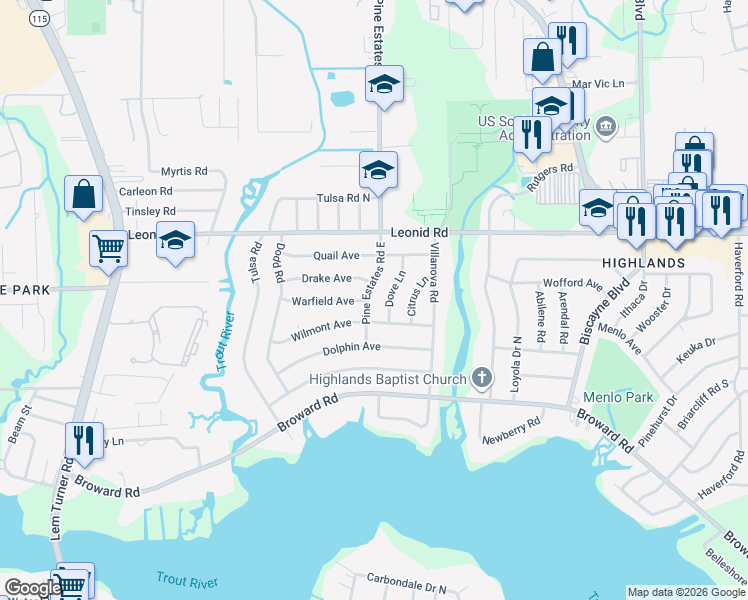 map of restaurants, bars, coffee shops, grocery stores, and more near 10561 Dove Lane in Jacksonville