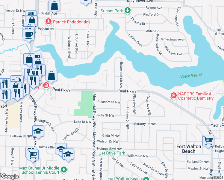 map of restaurants, bars, coffee shops, grocery stores, and more near 511 Briarwood Circle Northwest in Fort Walton Beach