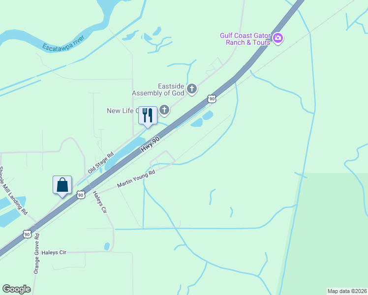 map of restaurants, bars, coffee shops, grocery stores, and more near 9812 Martin Young Road in Moss Point