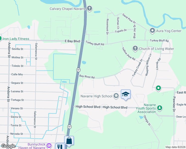 map of restaurants, bars, coffee shops, grocery stores, and more near 8556 Bay River Road in Navarre