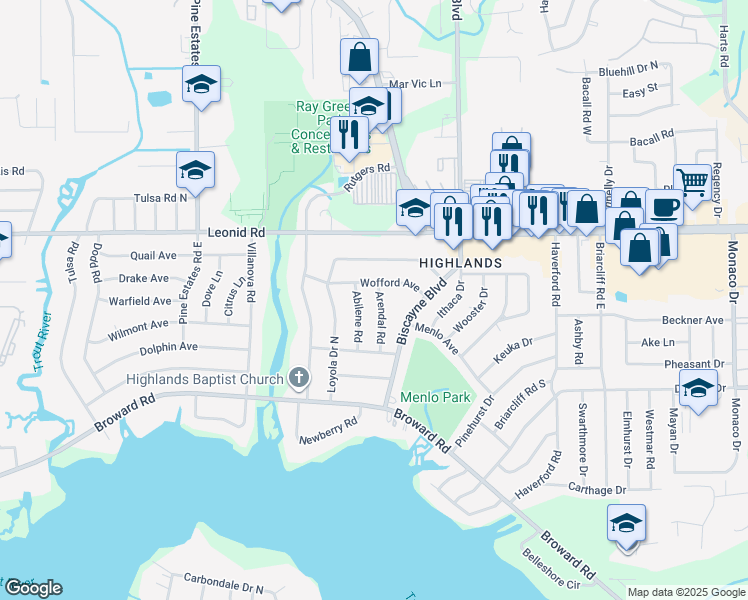 map of restaurants, bars, coffee shops, grocery stores, and more near 10566 Arendal Road in Jacksonville
