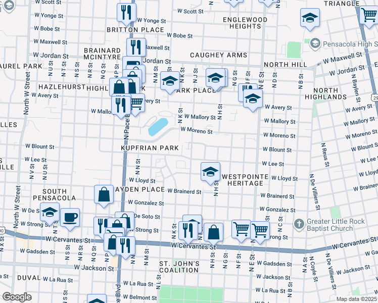 map of restaurants, bars, coffee shops, grocery stores, and more near 3 North J Street in Pensacola