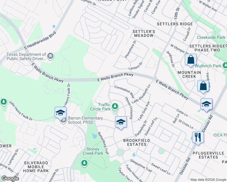 map of restaurants, bars, coffee shops, grocery stores, and more near 305 Tudor House Road in Pflugerville