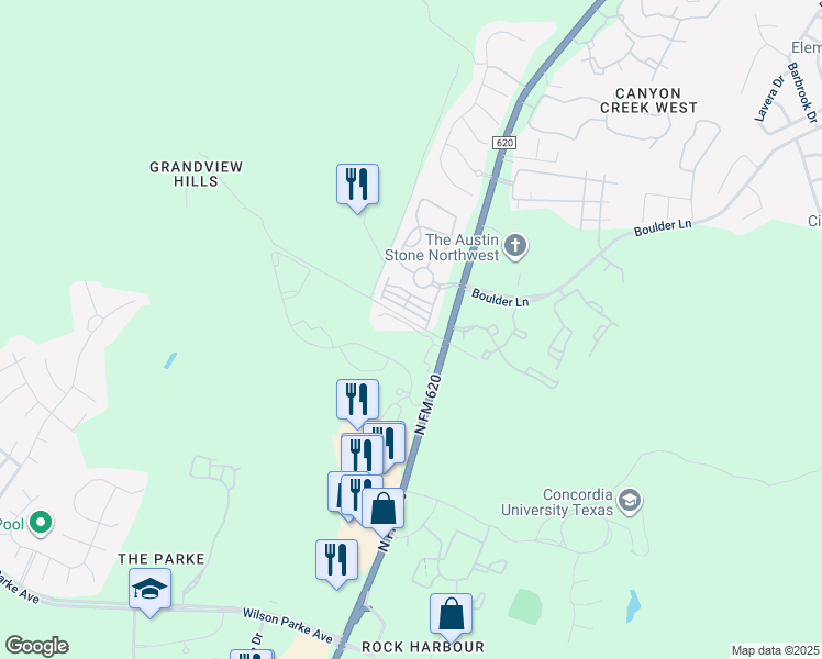 map of restaurants, bars, coffee shops, grocery stores, and more near 8708 1/2 Ranch Road 620 in Austin