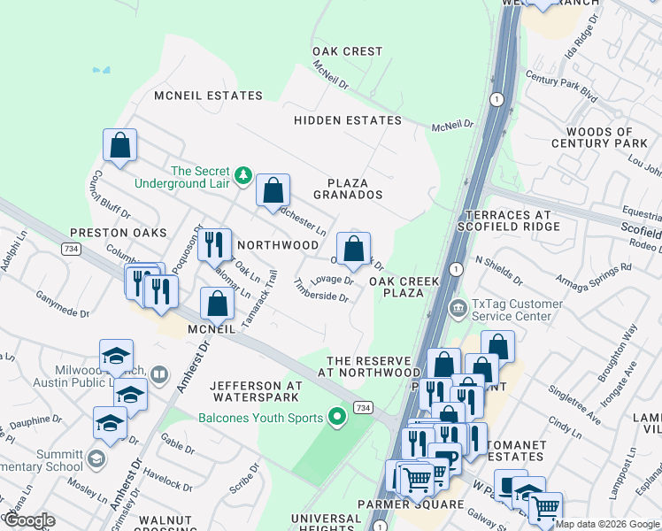 map of restaurants, bars, coffee shops, grocery stores, and more near 3615 Oak Creek Drive in Austin