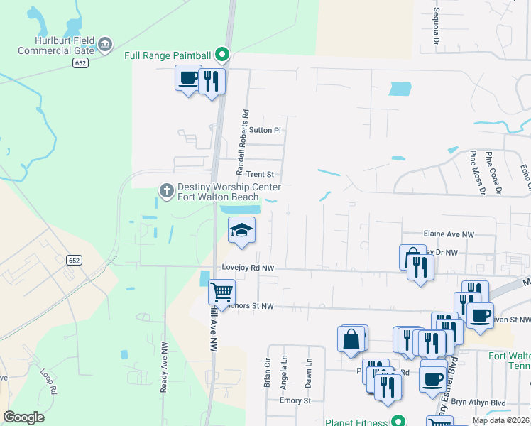 map of restaurants, bars, coffee shops, grocery stores, and more near 231 Combs Manor Court Northwest in Fort Walton Beach