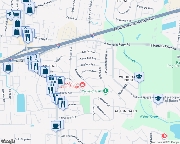 map of restaurants, bars, coffee shops, grocery stores, and more near 12418 Gawain Avenue in Baton Rouge