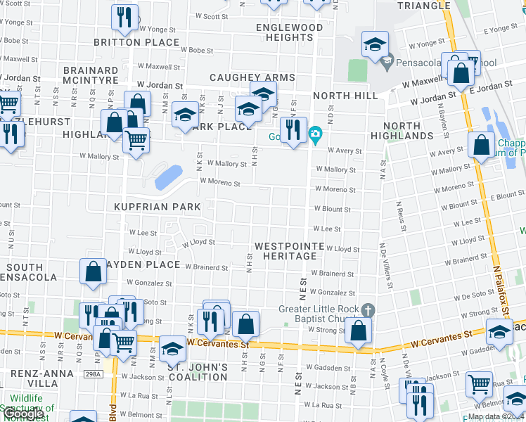 map of restaurants, bars, coffee shops, grocery stores, and more near 1131 West Blount Street in Pensacola