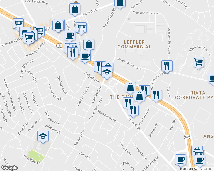map of restaurants, bars, coffee shops, grocery stores, and more near 11827 Jollyville Road in Austin