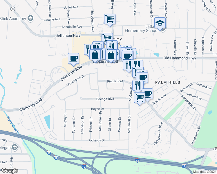 map of restaurants, bars, coffee shops, grocery stores, and more near 7447 Bocage Court South in Baton Rouge