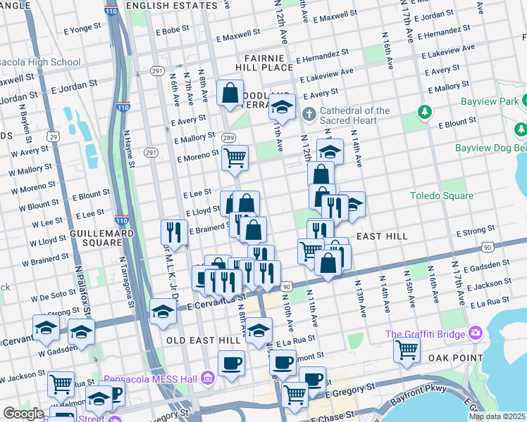 map of restaurants, bars, coffee shops, grocery stores, and more near 930 East Brainerd Street in Pensacola