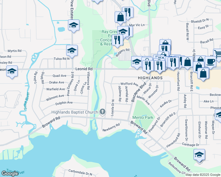map of restaurants, bars, coffee shops, grocery stores, and more near 10566 Loyola Drive North in Jacksonville