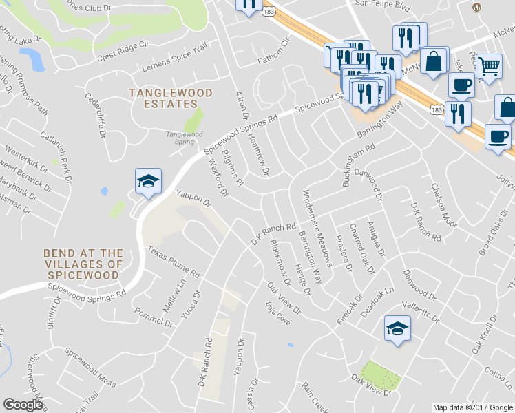 map of restaurants, bars, coffee shops, grocery stores, and more near 8100 Wexford Drive in Austin