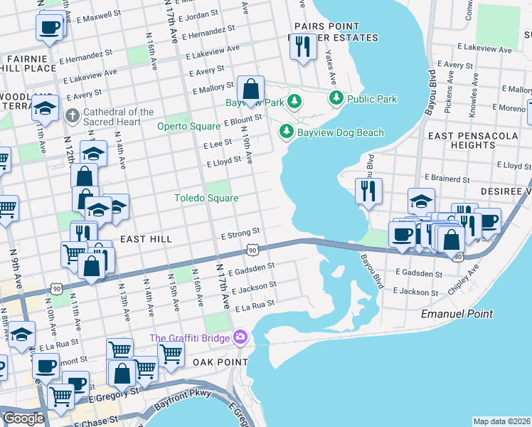 map of restaurants, bars, coffee shops, grocery stores, and more near 922 North 19th Avenue in Pensacola
