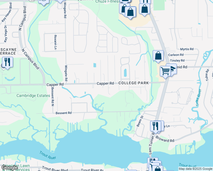 map of restaurants, bars, coffee shops, grocery stores, and more near 3442 Capper Road in Jacksonville