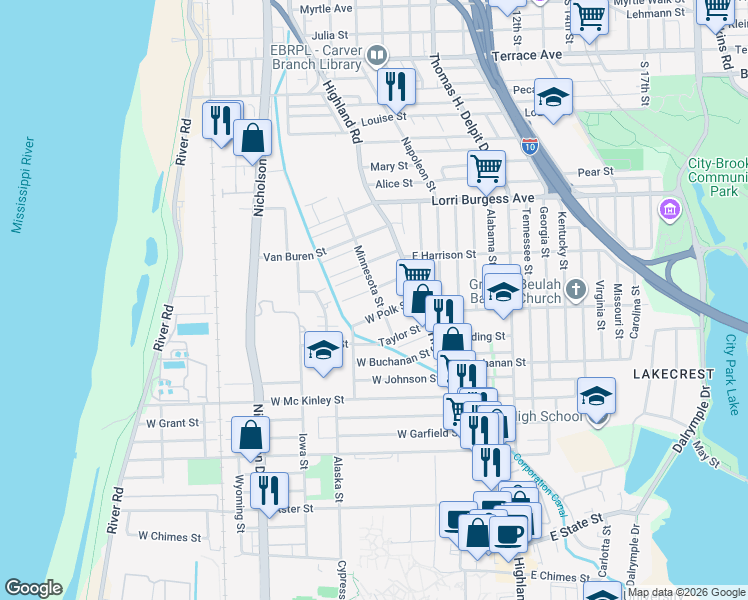 map of restaurants, bars, coffee shops, grocery stores, and more near 2155 Minnesota Street in Baton Rouge