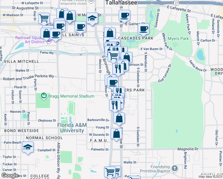 map of restaurants, bars, coffee shops, grocery stores, and more near 1534 South Adams Street in Tallahassee