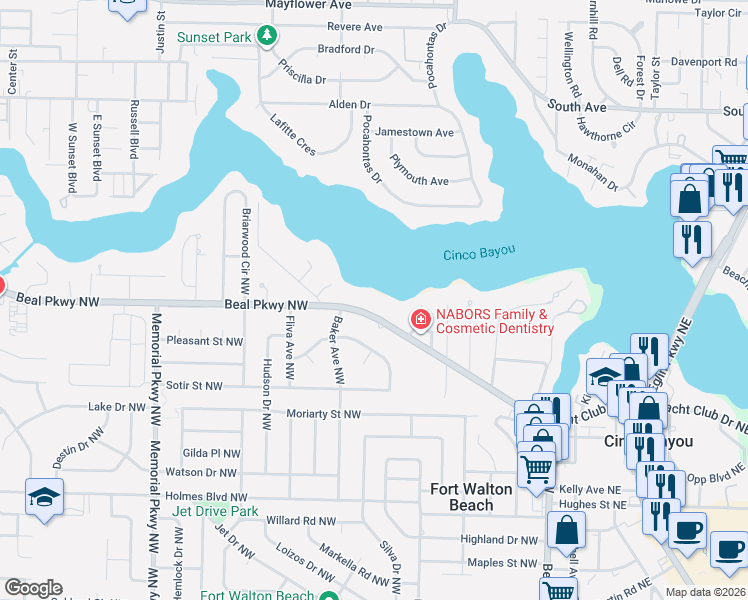 map of restaurants, bars, coffee shops, grocery stores, and more near 157 Beal Parkway Northwest in Fort Walton Beach