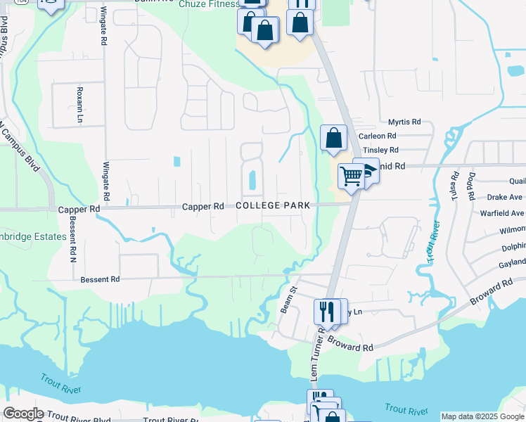 map of restaurants, bars, coffee shops, grocery stores, and more near 3266 Capper Road in Jacksonville