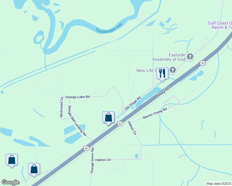 map of restaurants, bars, coffee shops, grocery stores, and more near 9236 Orange Lake Road in Moss Point