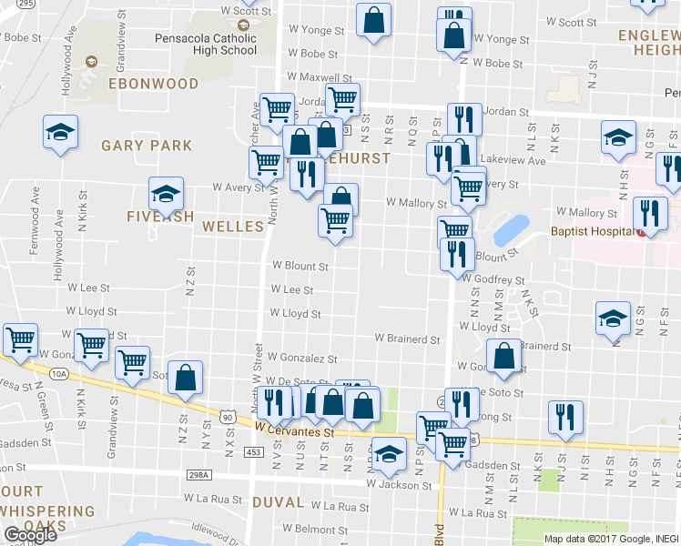 map of restaurants, bars, coffee shops, grocery stores, and more near 1416 North T Street in Pensacola