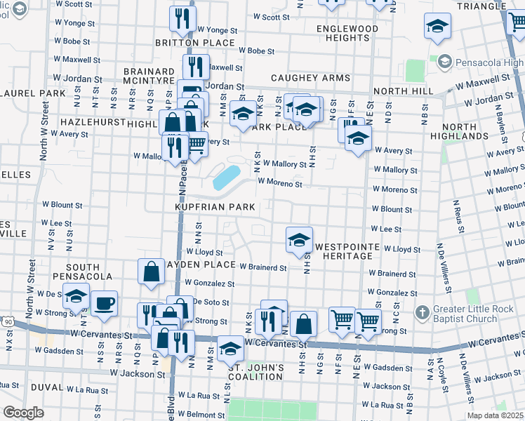 map of restaurants, bars, coffee shops, grocery stores, and more near 3 North J Street in Pensacola