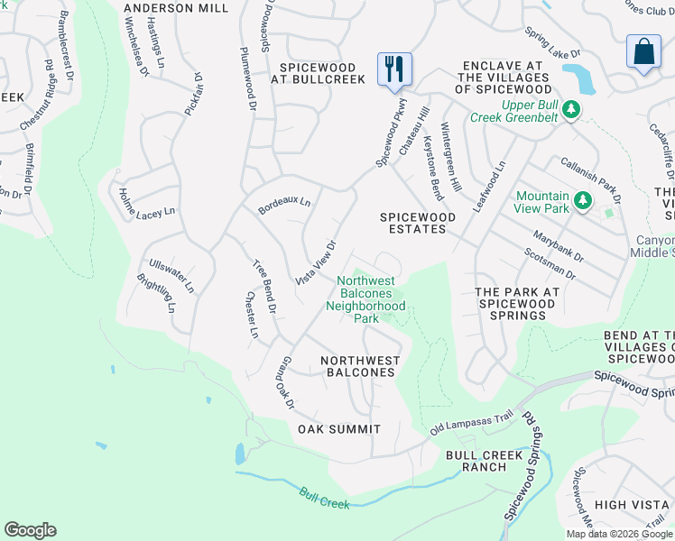 map of restaurants, bars, coffee shops, grocery stores, and more near 10400 Grand Oak Drive in Austin