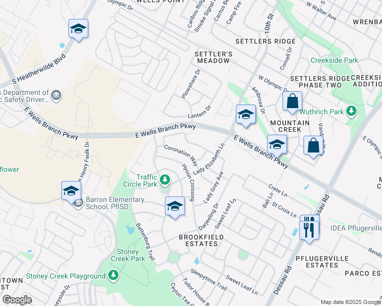 map of restaurants, bars, coffee shops, grocery stores, and more near 1104 Coronation Way in Pflugerville