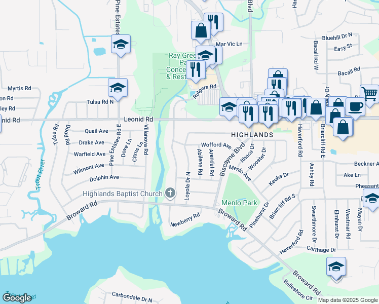 map of restaurants, bars, coffee shops, grocery stores, and more near 10567 Loyola Drive North in Jacksonville