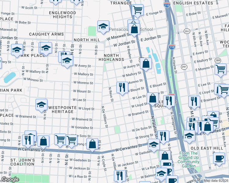map of restaurants, bars, coffee shops, grocery stores, and more near 310 West Blount Street in Pensacola