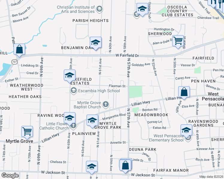 map of restaurants, bars, coffee shops, grocery stores, and more near 1331 North 59th Avenue in Pensacola