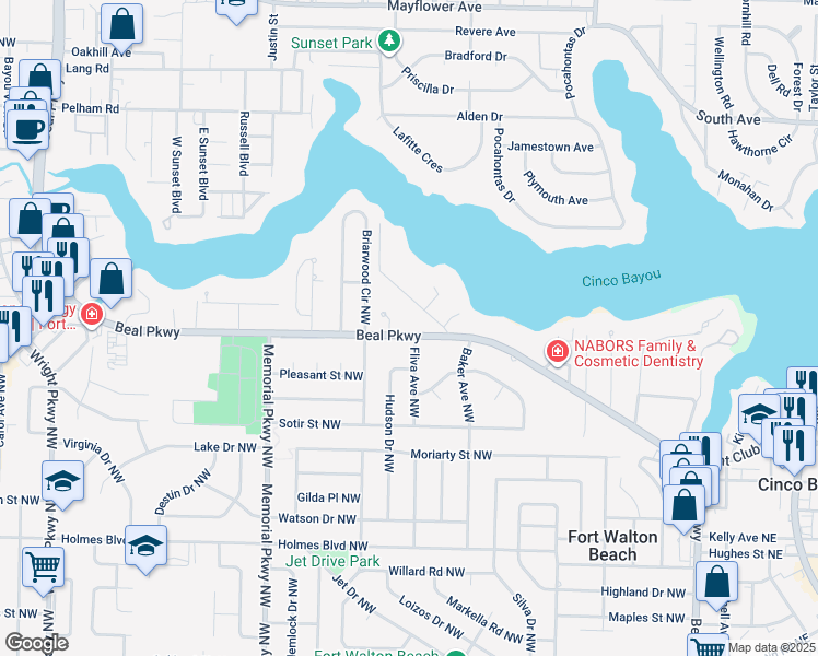 map of restaurants, bars, coffee shops, grocery stores, and more near 199 Beal Parkway Northwest in Fort Walton Beach