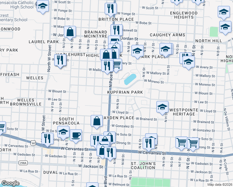 map of restaurants, bars, coffee shops, grocery stores, and more near 2000 West Godfrey Street in Pensacola