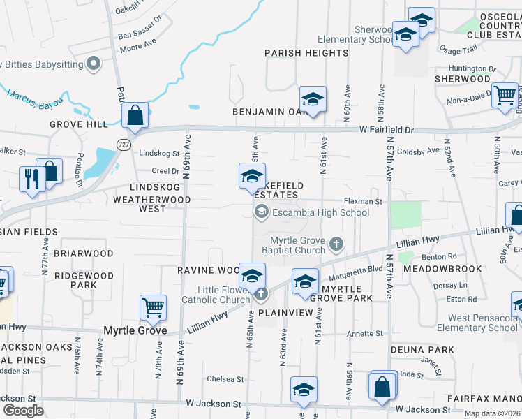 map of restaurants, bars, coffee shops, grocery stores, and more near 1310 North 65th Avenue in Pensacola