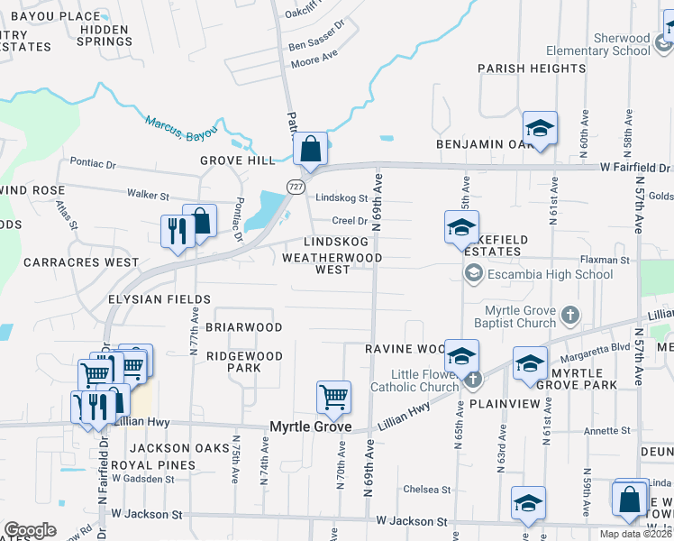 map of restaurants, bars, coffee shops, grocery stores, and more near 6969 Weatherwood Drive in Pensacola