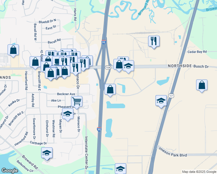 map of restaurants, bars, coffee shops, grocery stores, and more near 10520 Balmoral Circle West in Jacksonville