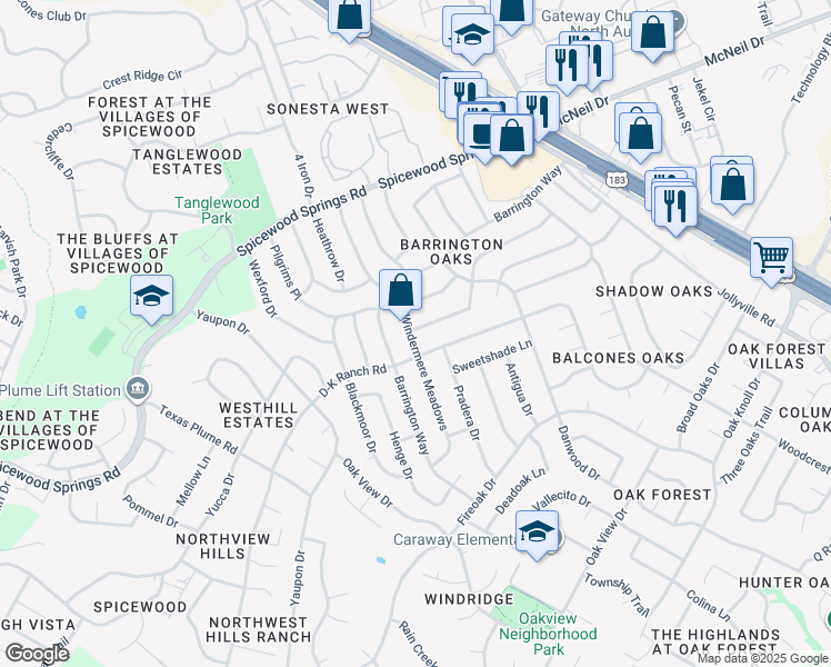 map of restaurants, bars, coffee shops, grocery stores, and more near 11501 Windermere Meadows in Austin