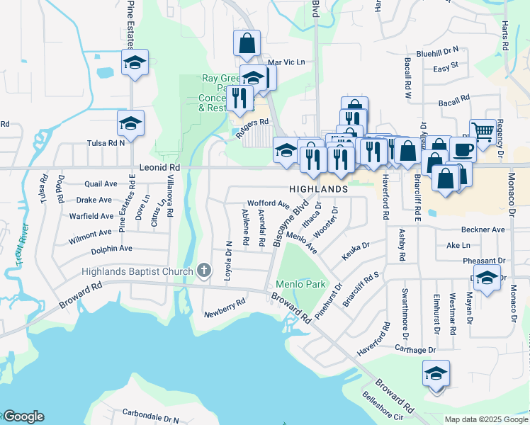 map of restaurants, bars, coffee shops, grocery stores, and more near 10569 Arendal Road in Jacksonville