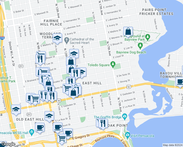 map of restaurants, bars, coffee shops, grocery stores, and more near 1406 East Gonzalez Street in Pensacola