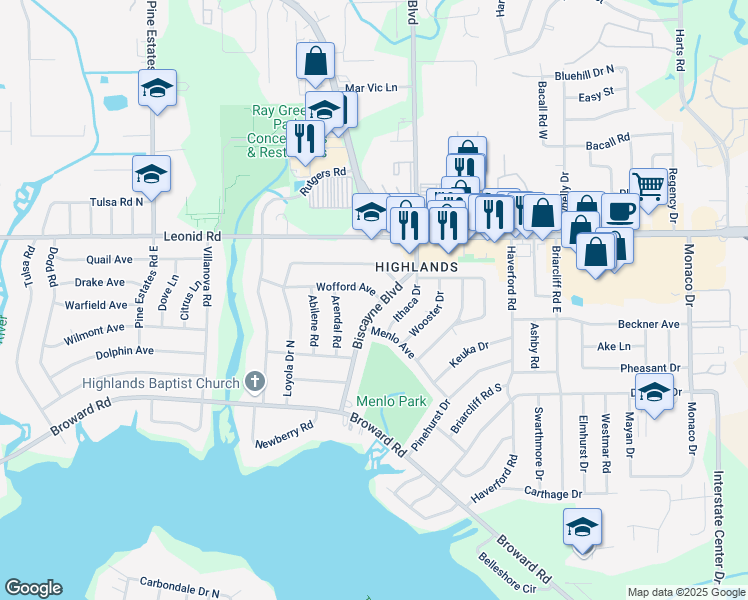 map of restaurants, bars, coffee shops, grocery stores, and more near 10580 Biscayne Boulevard in Jacksonville