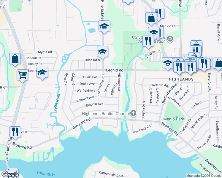 map of restaurants, bars, coffee shops, grocery stores, and more near 10561 Dove Lane in Jacksonville