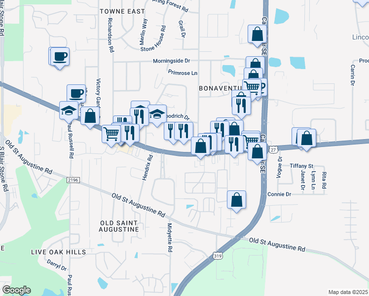map of restaurants, bars, coffee shops, grocery stores, and more near 2870 Apalachee Parkway in Tallahassee