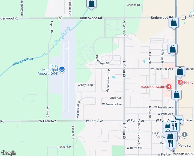 map of restaurants, bars, coffee shops, grocery stores, and more near 1772 Abbey Loop in Foley