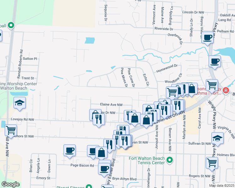 map of restaurants, bars, coffee shops, grocery stores, and more near 302 Dates Avenue Northwest in Fort Walton Beach