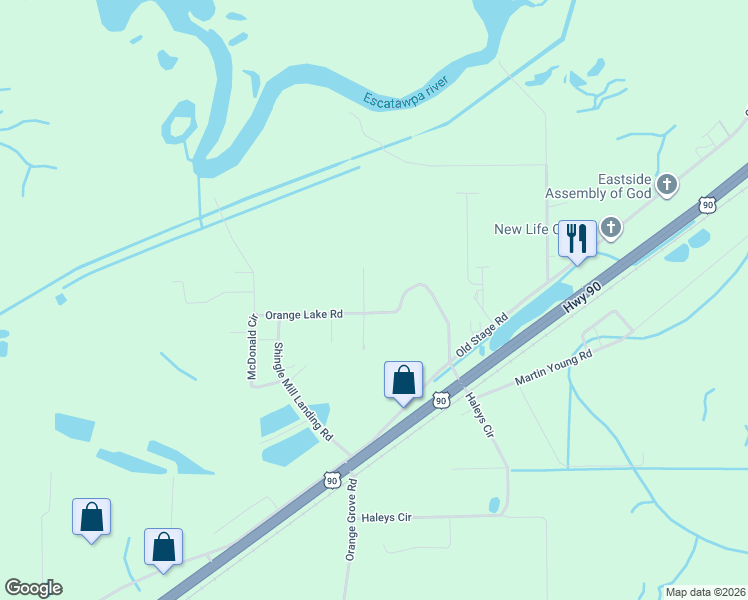 map of restaurants, bars, coffee shops, grocery stores, and more near 5824 Cobia Drive in Moss Point