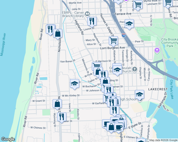 map of restaurants, bars, coffee shops, grocery stores, and more near 2155 Minnesota Street in Baton Rouge